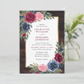 ウッド素朴ネイビーブルーブルゴーニュ金ゴールドフローラ 招待状 (スタンド正面)