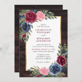 ウッド素朴ネイビーブルーブルゴーニュ金ゴールドフローラ 招待状 (正面/裏面)