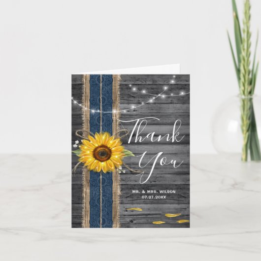 ウッド素朴ネイビーブルーレースフォトサンフラワー結婚ズ サンキューカード (正面)