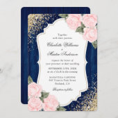 ウッド素朴ネイビーブルー赤面バラ紙吹雪結婚ズ 招待状 (正面/裏面)