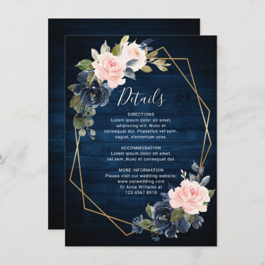 ウッド素朴ネイビーブルー赤面ピンクジオメトリック結婚ス エンクロージャーカード (正面/裏面)