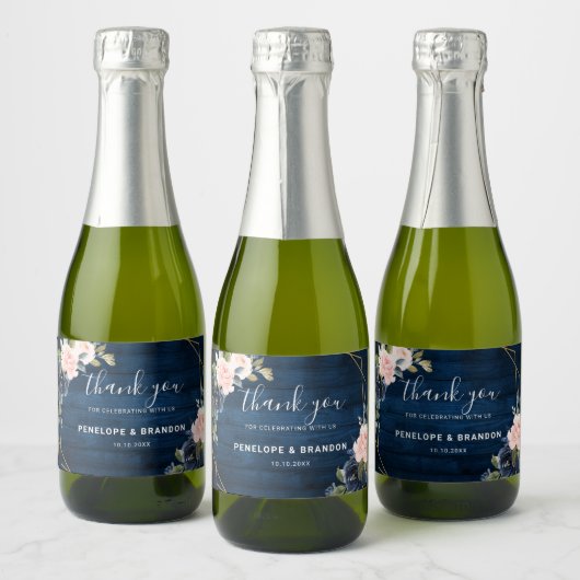 ウッド素朴ネイビーブルー赤面ピンクジオメトリック結婚ス スパークリングワインラベル (ボトル)