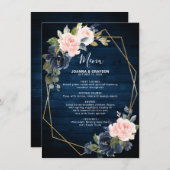 ウッド素朴ネイビーブルー赤面ピンクジオメトリック結婚ス メニュー (正面/裏面)