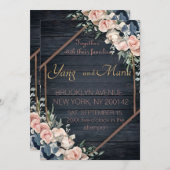 ウッド素朴ネイビーブルー赤面ピンクジオメトリック結婚ス 招待状 (正面/裏面)