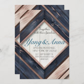 ウッド素朴ネイビーブルー赤面ピンクジオメトリック結婚ス 招待状 (正面/裏面)