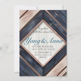 ウッド素朴ネイビーブルー赤面ピンクジオメトリック結婚ス 招待状