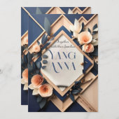 ウッド素朴ネイビーブルー赤面ピンクジオメトリック結婚ス 招待状 (正面/裏面)