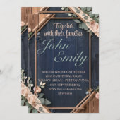 ウッド素朴ネイビーブルー赤面ピンクジオメトリック結婚ス 招待状 (正面/裏面)