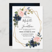 ウッド素朴ネイビーブルー赤面ピンクジオメトリック結婚ス 招待状 (正面/裏面)