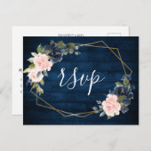 ウッド素朴ネイビーブルー赤面ピンクジオメトリックRSVP ポストカード (正面/裏面)