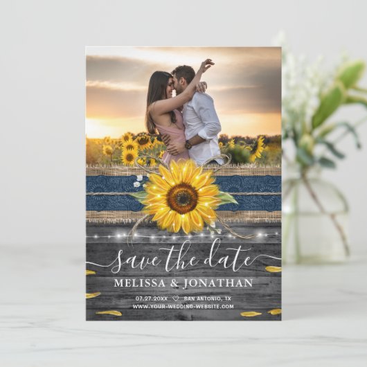 ウッド素朴ネイビーレースひまわり結婚の写真 セーブザデート (スタンド正面)