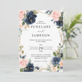 ウッド素朴ネイビー赤面ジオメト結婚リー 招待状 (スタンド正面)