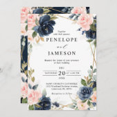 ウッド素朴ネイビー赤面ジオメト結婚リー 招待状 (正面/裏面)