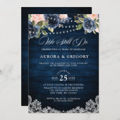 ウッド素朴ネイビー赤面フローラメイスンジャー結婚ズ 招待状 (正面/裏面)