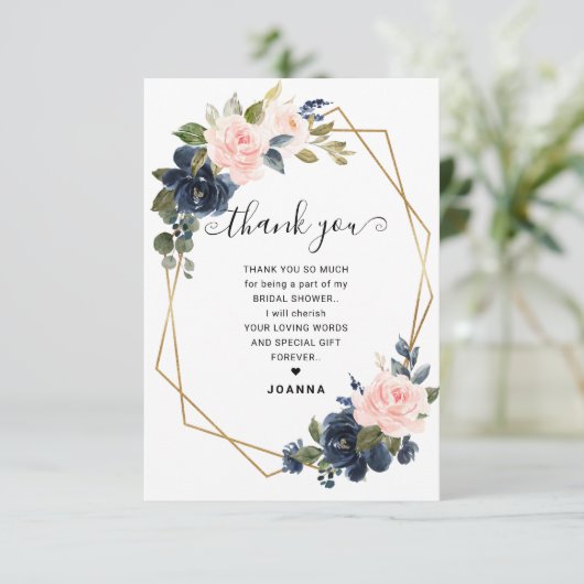 ウッド素朴ネイビー赤面幾何学的ブライダルシャワー サンキューカード (スタンド正面)