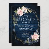 ウッド素朴ネイビー赤面幾何学的ブライダルシャワー 招待状 (正面/裏面)