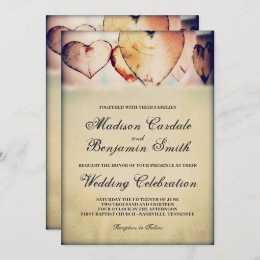 ウッド素朴ハートカントリーウェディング招待状 招待状 (正面/裏面)