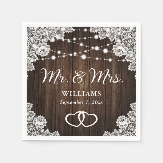 ウッド素朴ハートレースストリングラ結婚イト スタンダードカクテルナプキン (正面)