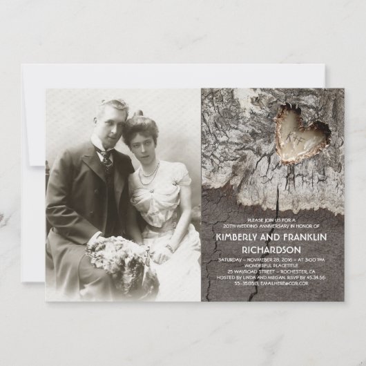 ウッド素朴ハート写真結婚の記念日 招待状 (正面)