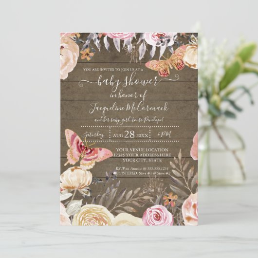 ウッド素朴バタフライピンク水彩フローラバラ 招待状 (スタンド正面)