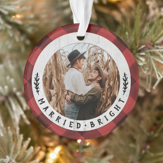 ウッド素朴バッファローチェックカップル初めてのクリスマス オーナメント (ツリー)