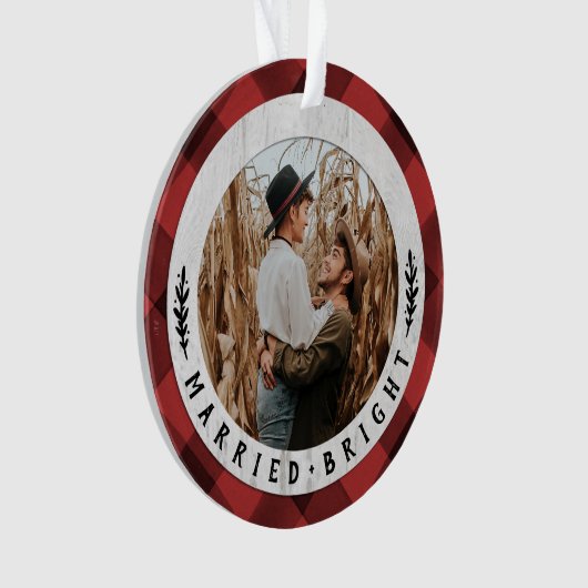 ウッド素朴バッファローチェックカップル初めてのクリスマス オーナメント (正面)