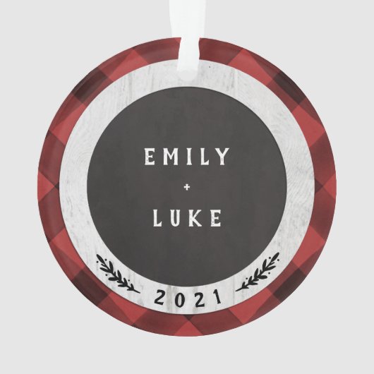 ウッド素朴バッファローチェックカップル初めてのクリスマス オーナメント (裏面)