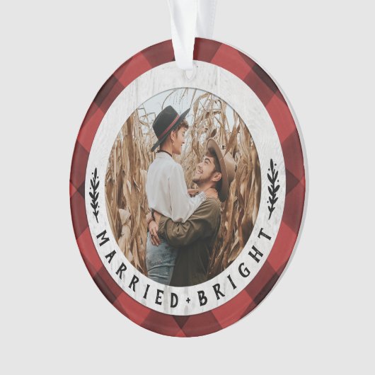 ウッド素朴バッファローチェックカップル初めてのクリスマス オーナメント (正面)