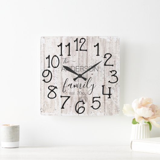 ウッド素朴バフェイクンファームハウスカスタムファミリーネーム スクエア壁時計 (ホーム)