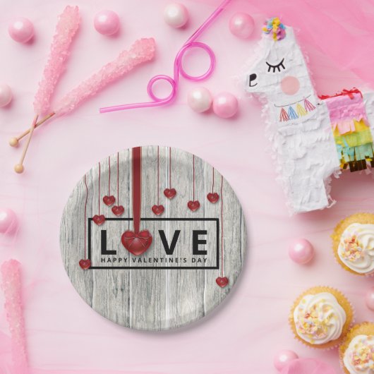 ウッド素朴バレンタインデーLOVE赤いハートモダン ペーパープレート (パーティー)