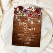 ウッド素朴バーガンディフローラベビーシャワー 招待状
