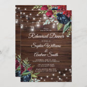 ウッド素朴バーガンディフローラライツダイナー 招待状 (正面/裏面)