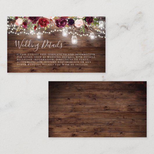 ウッド素朴バーガンディフローララ結婚イト エンクロージャーカード (正面/裏面)