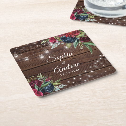 ウッド素朴バーガンディフローララ結婚イト スクエアペーパーコースター (アングル)