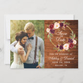 ウッド素朴バーガンディフローラリースセーブザデート マグネット招待状 (正面)