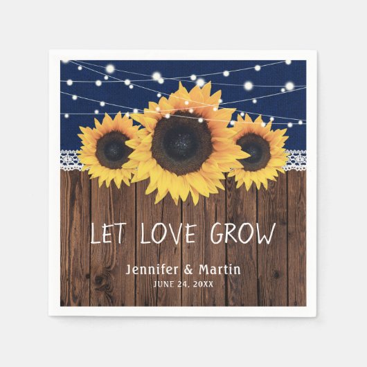 ウッド素朴バーラップサンフラワーネイビーブルー結婚ズ スタンダードカクテルナプキン (正面)