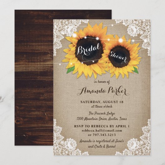 ウッド素朴バーラップサンフラワーブライダルシャワー 招待状 (正面/裏面)