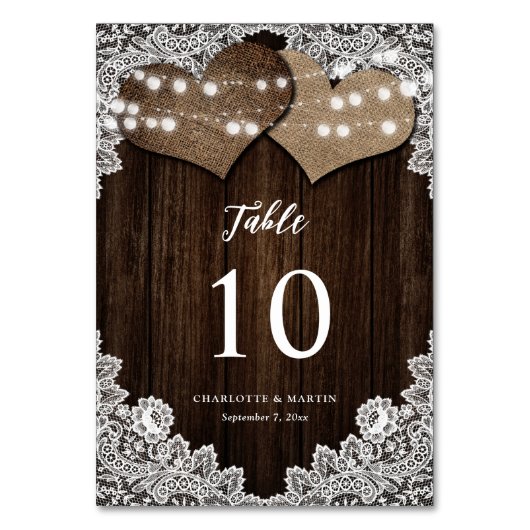 ウッド素朴バーラップフローラレースの国の結婚式 テーブルナンバー (正面)