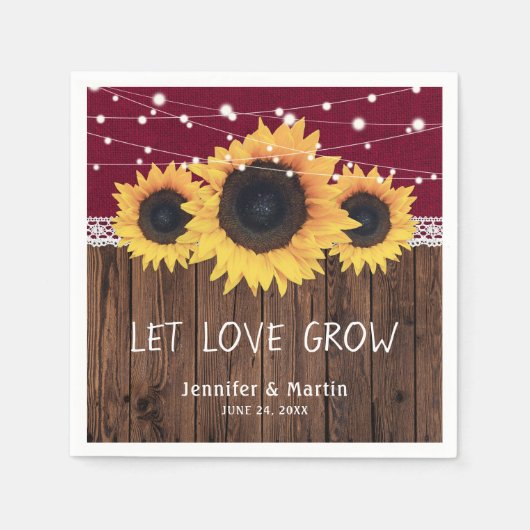 ウッド素朴バーラップレースひまわりバーガンディ結婚ズ スタンダードカクテルナプキン (正面)