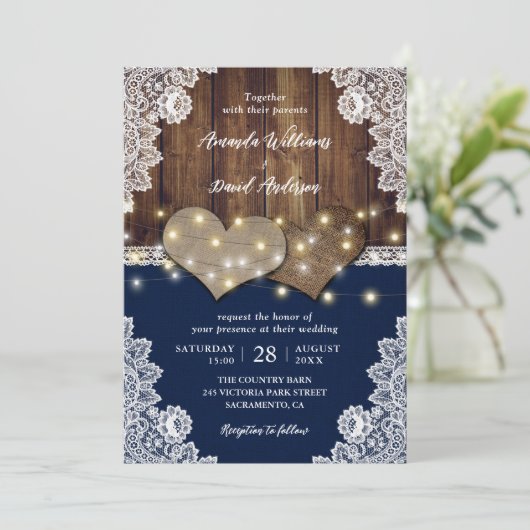 ウッド素朴バーラップレースネイビー結婚式招待状 招待状 (スタンド正面)