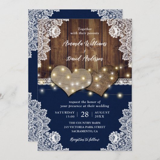 ウッド素朴バーラップレースネイビー結婚式招待状 招待状 (正面/裏面)