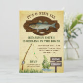 ウッド素朴バーラップ魚釣りバースデーパーティー招待状 招待状 (スタンド正面)