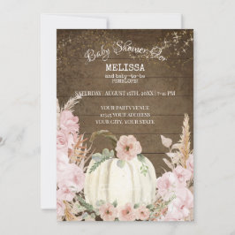 ウッド素朴パンプキンパンパスグラスピンクガールベビー 招待状