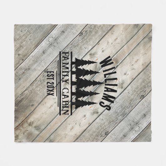 ウッド素朴パーソナライズされたファミリーキャビン名Est フリースブランケット (正面(横))
