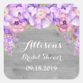 ウッド素朴パープルフローラブライダルシャワーメッセージカード スクエアシール