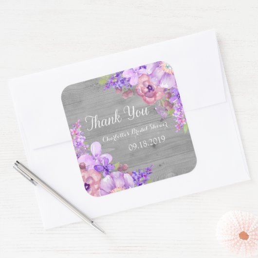ウッド素朴パープルフローラブライダルシャワーメッセージカード スクエアシール (封筒)