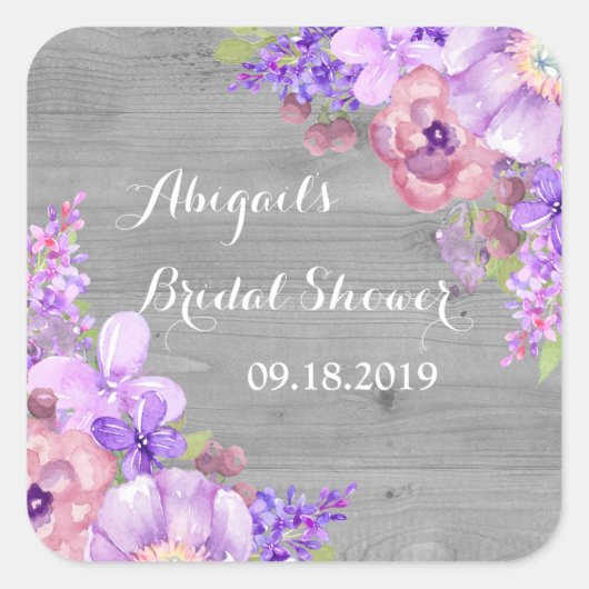 ウッド素朴パープルフローラブライダルシャワーラベル スクエアシール (正面)