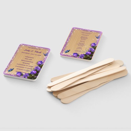 ウッド素朴パープルフローラ結婚式 プログラム ハンドファン (組立なし)