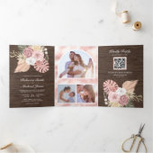 ウッド素朴パームダスティピンクローズQRコード結婚ズ 三つ折り招待状 (内部)