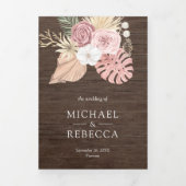 ウッド素朴パームダスティピンクローズQRコード結婚ズ 三つ折り招待状 (カバー)